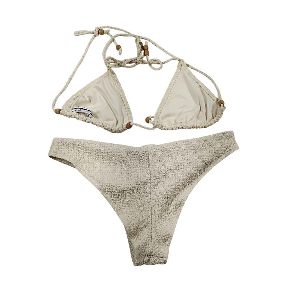 Lefties Bikini Set Women Size M Cream Excellent Textured Wood Bead Triangle Boho - Picture 3 of 5